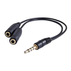 Audio redukcja, Jack (3.5mm) M 4-polowy - 2x Jack (3.5mm) F, 0.2 m, stereo, czarna, Logo blistr
